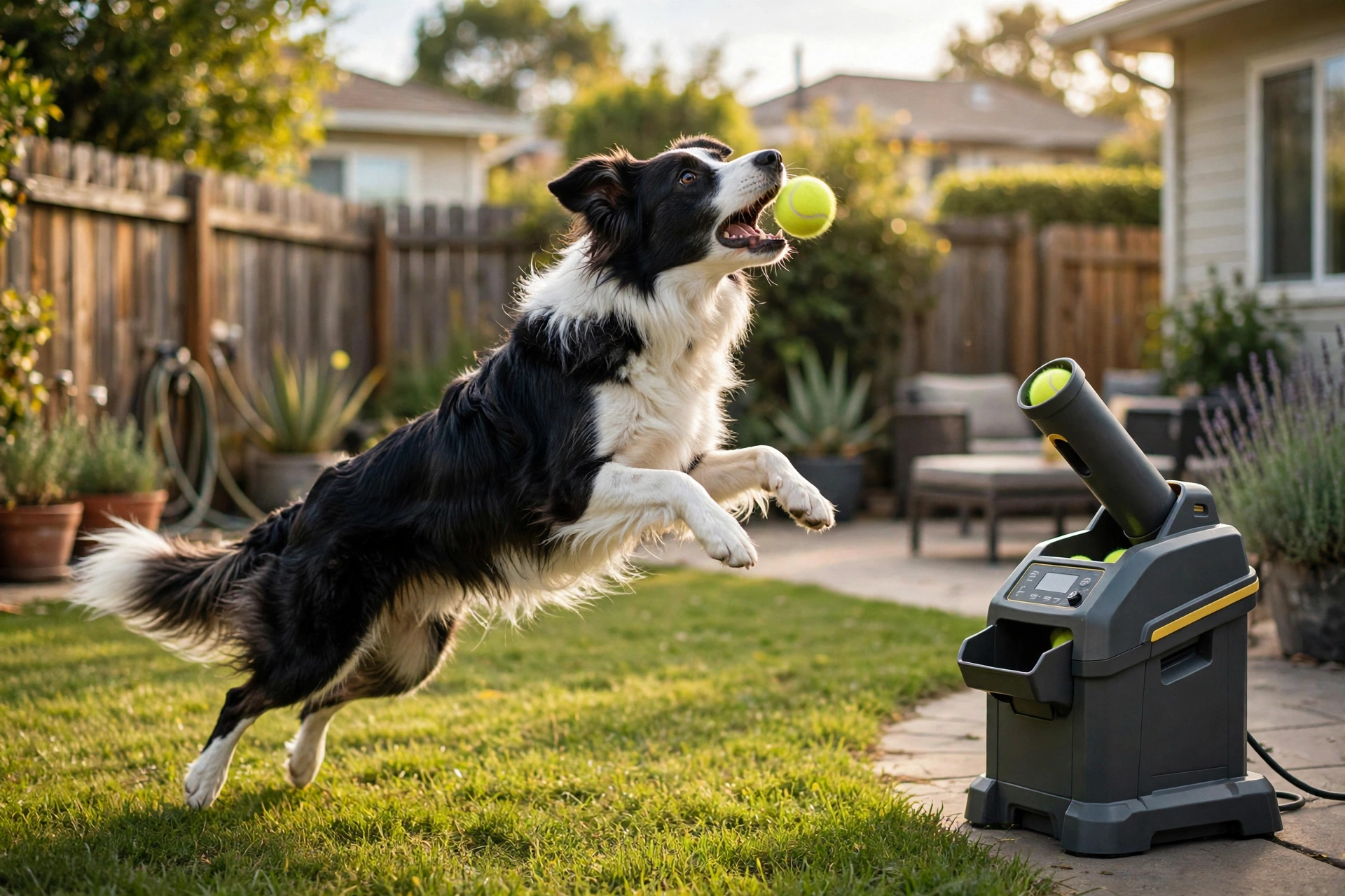Border collie leaping to catch a ball launched from an automatic ball launcher in a backyard
