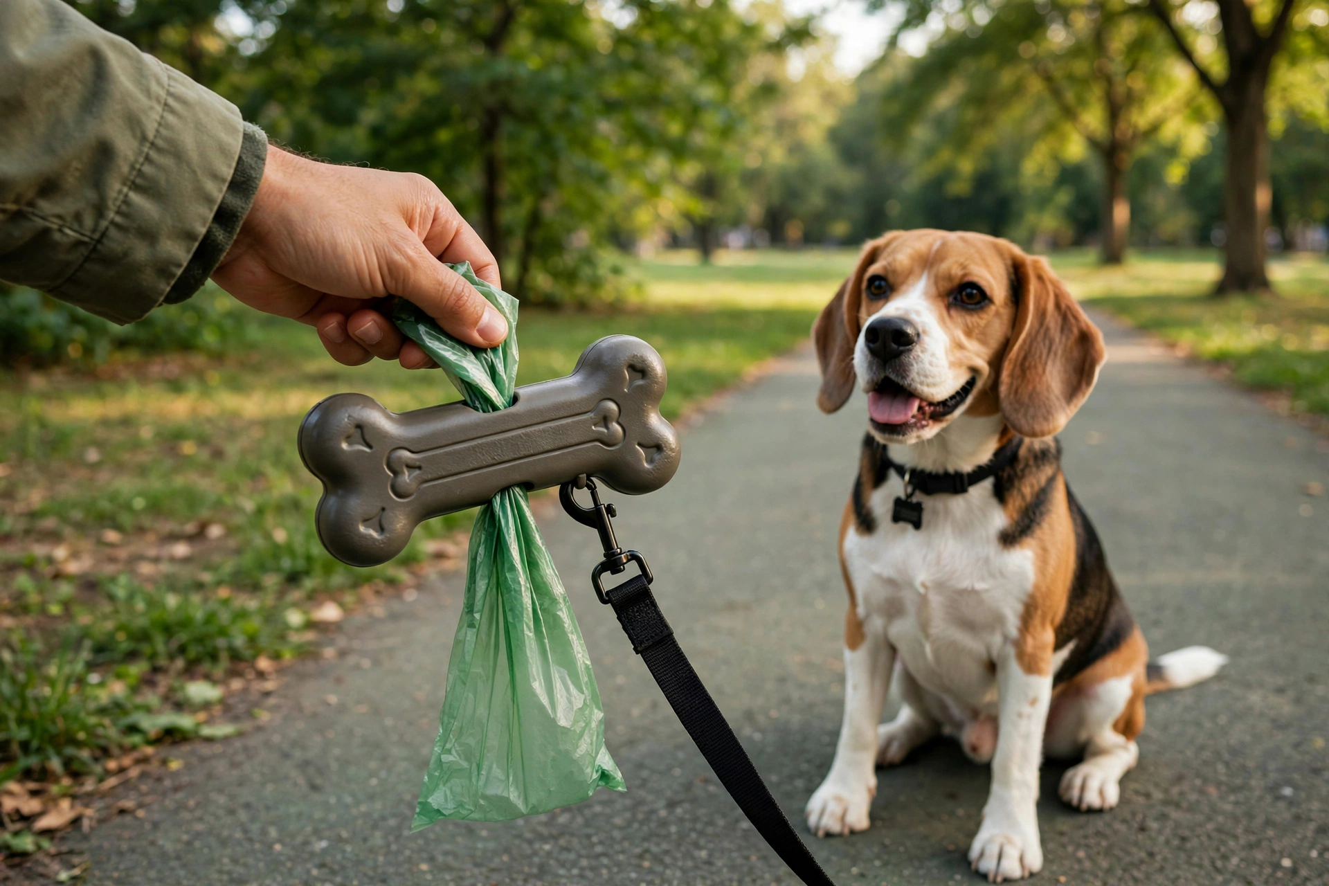 Hand pulling a green biodegradable poop bag from a bone-shaped dispenser on a leash in a park