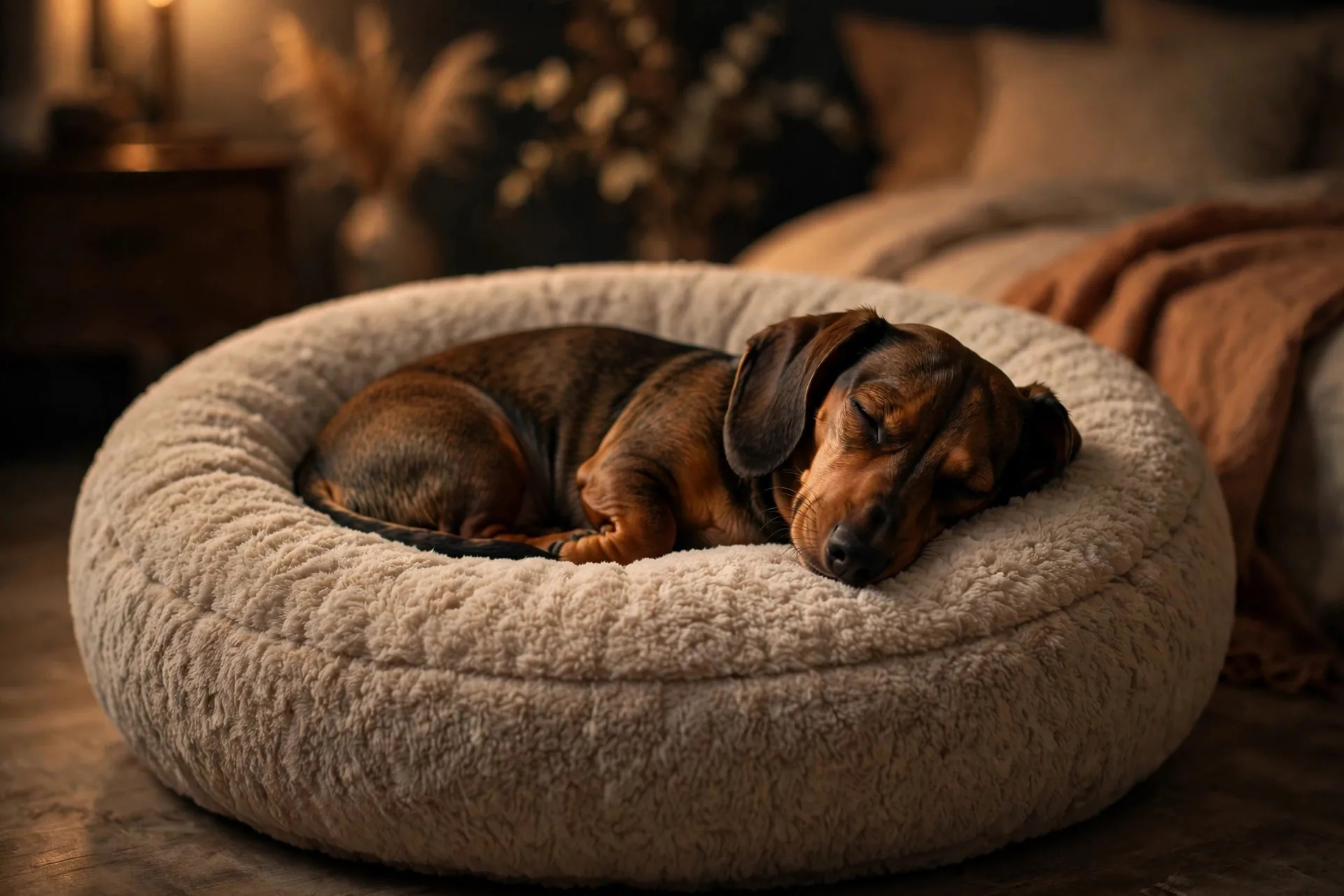 Small anxious dog curled up asleep in a round calming donut bed