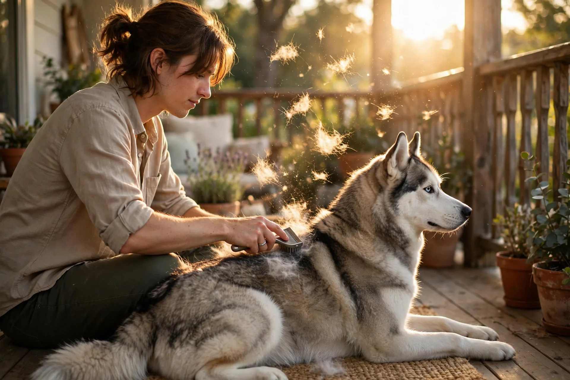 Owner brushing loose undercoat from a husky with a deshedding tool