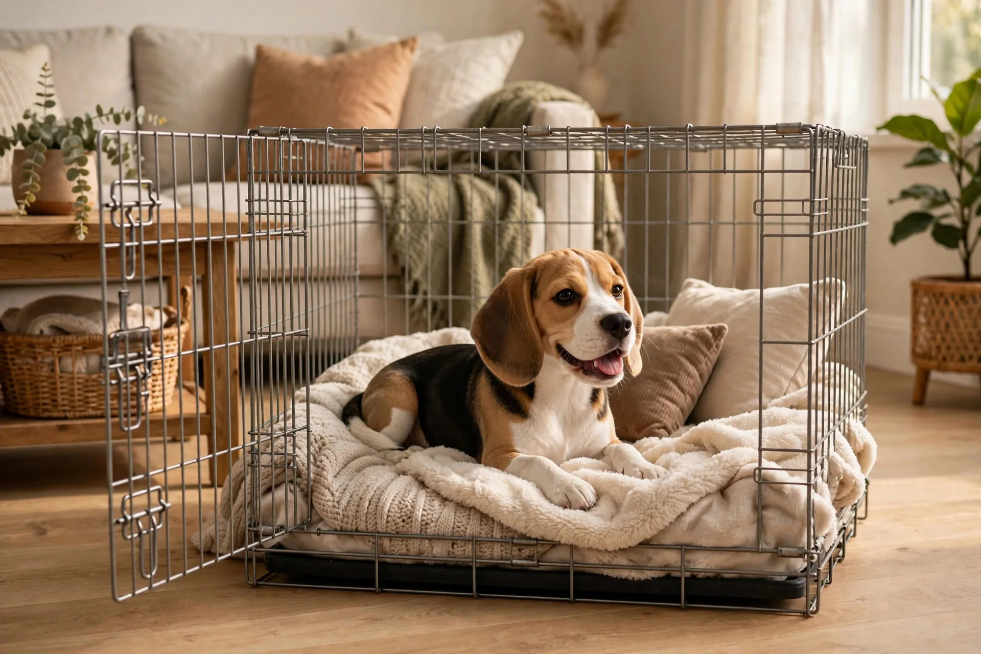 Happy puppy resting inside a wire crate with soft bedding in a living room