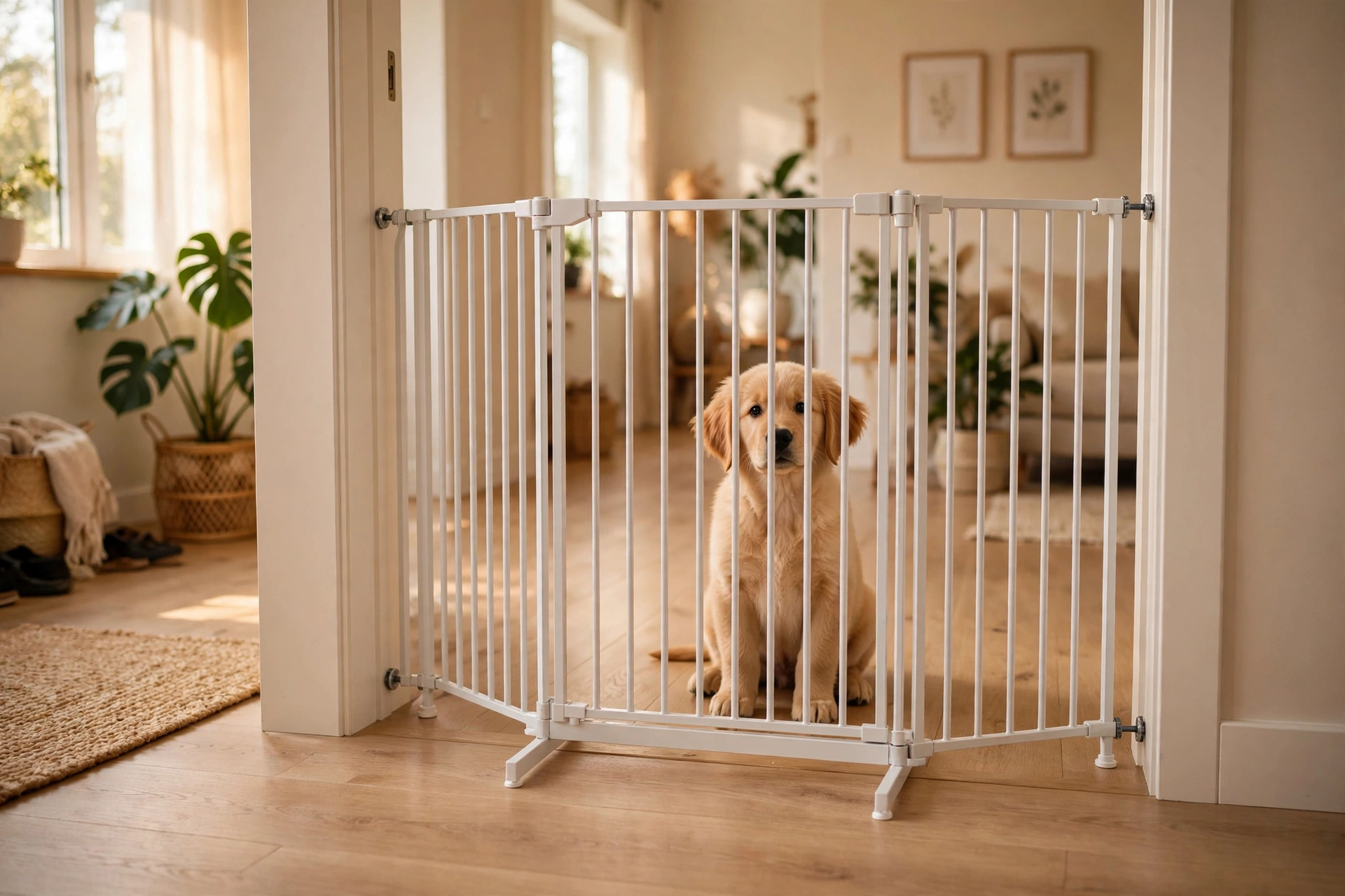Freestanding white pet gate in a bright hallway doorway with a golden retriever puppy behind it