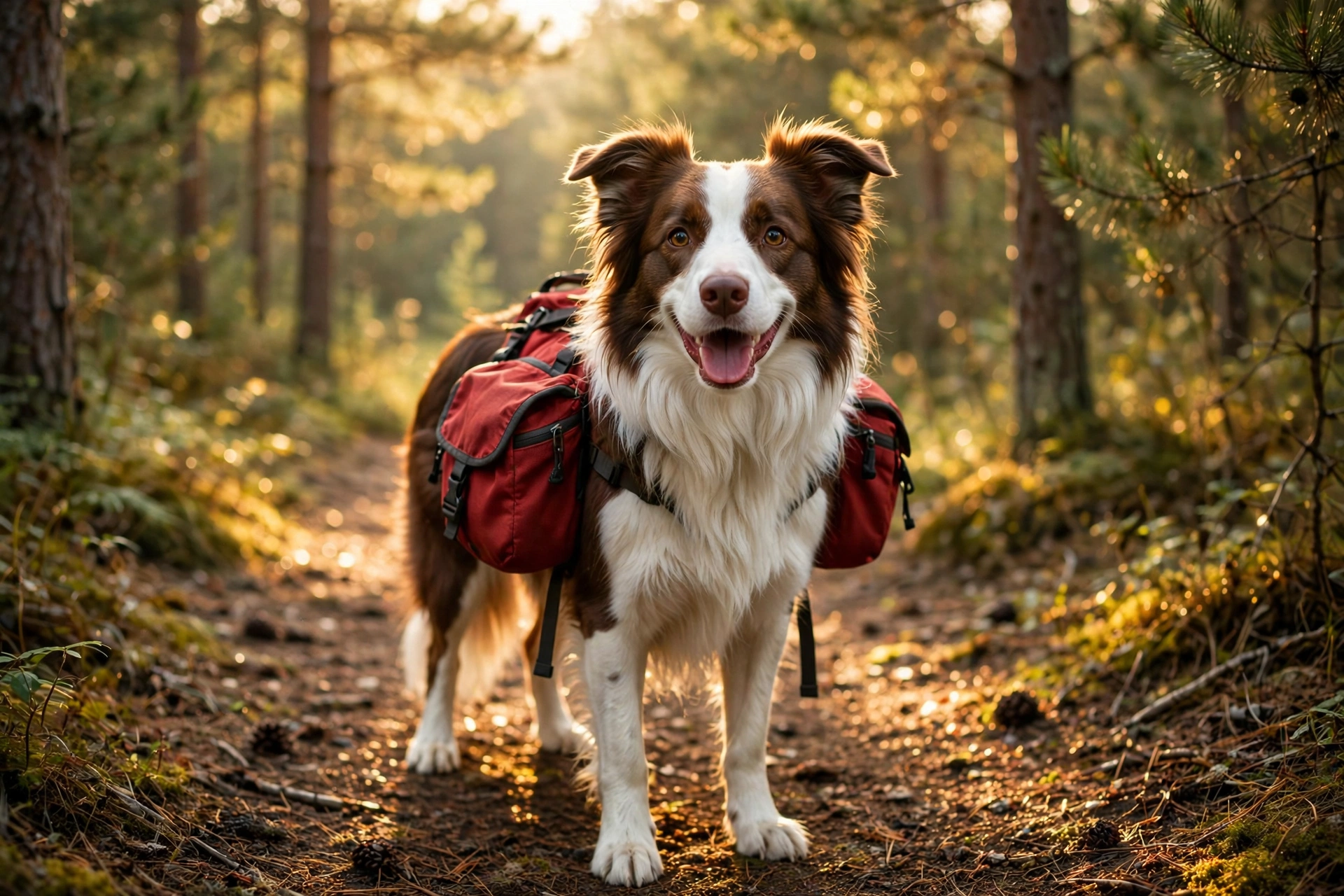 Border collie wearing a red saddlebag-style hiking backpack on a forest trail