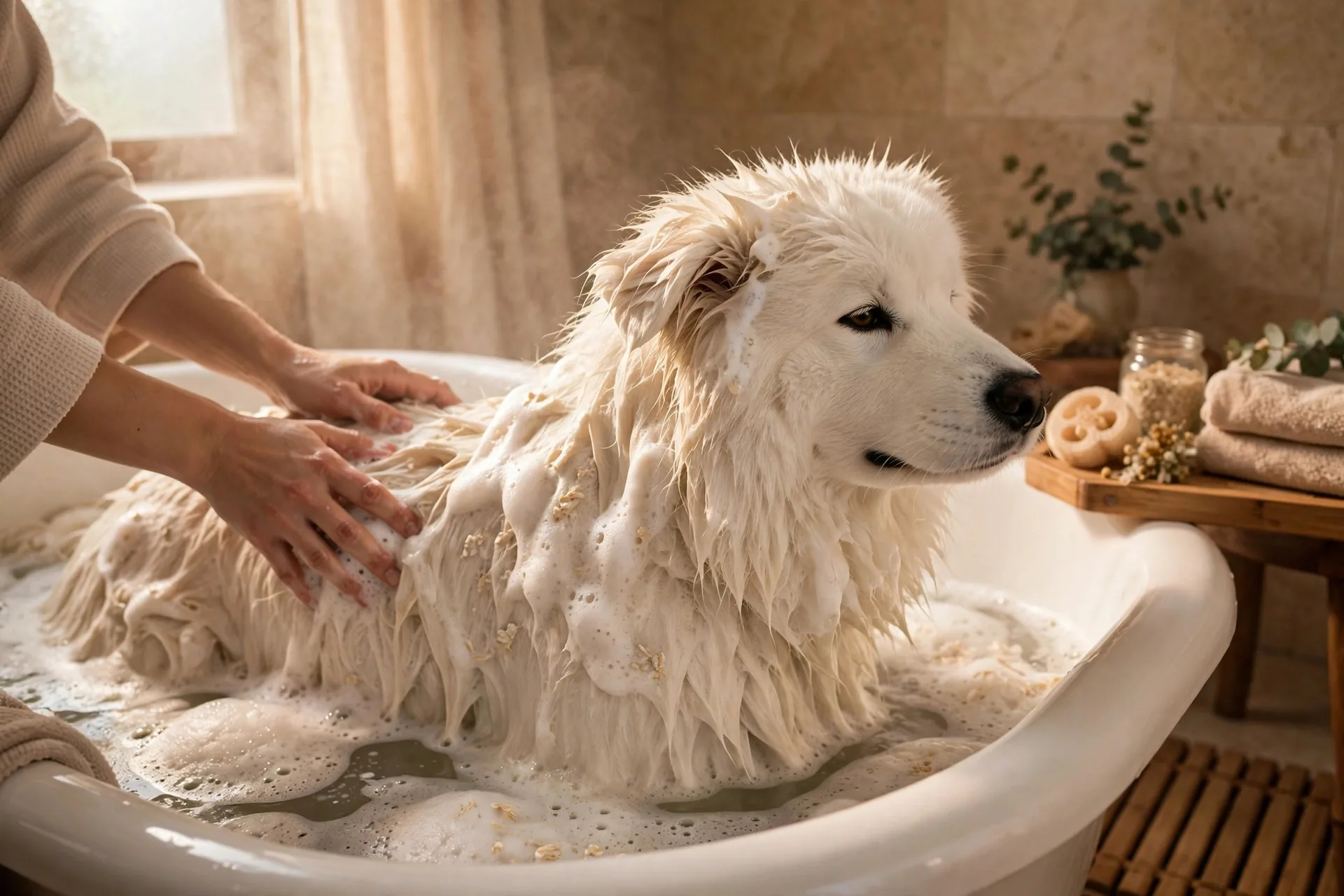 White dog being bathed with gentle oatmeal shampoo lather