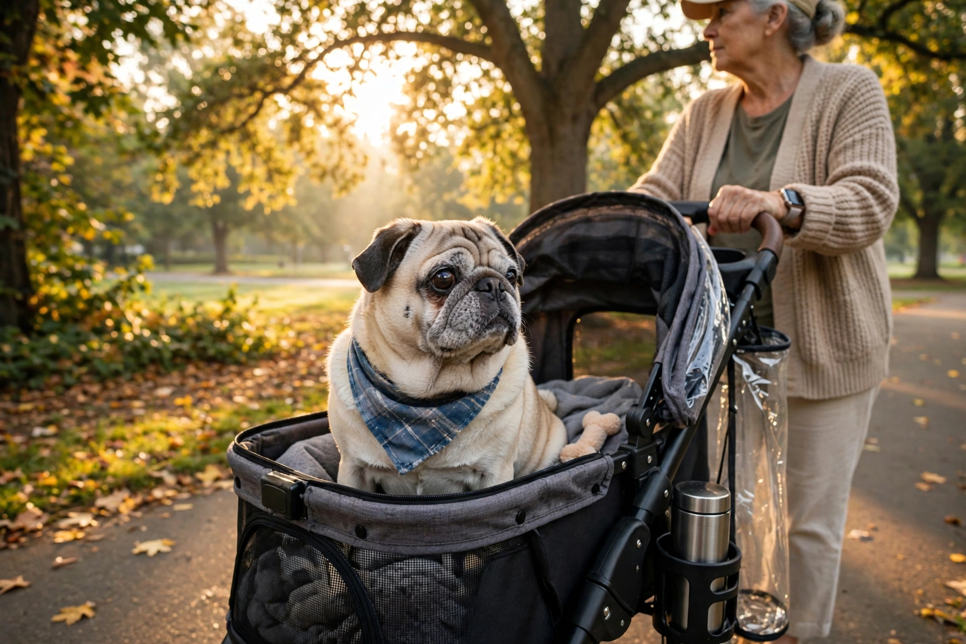 Senior fawn pug riding in a pet stroller on a park path