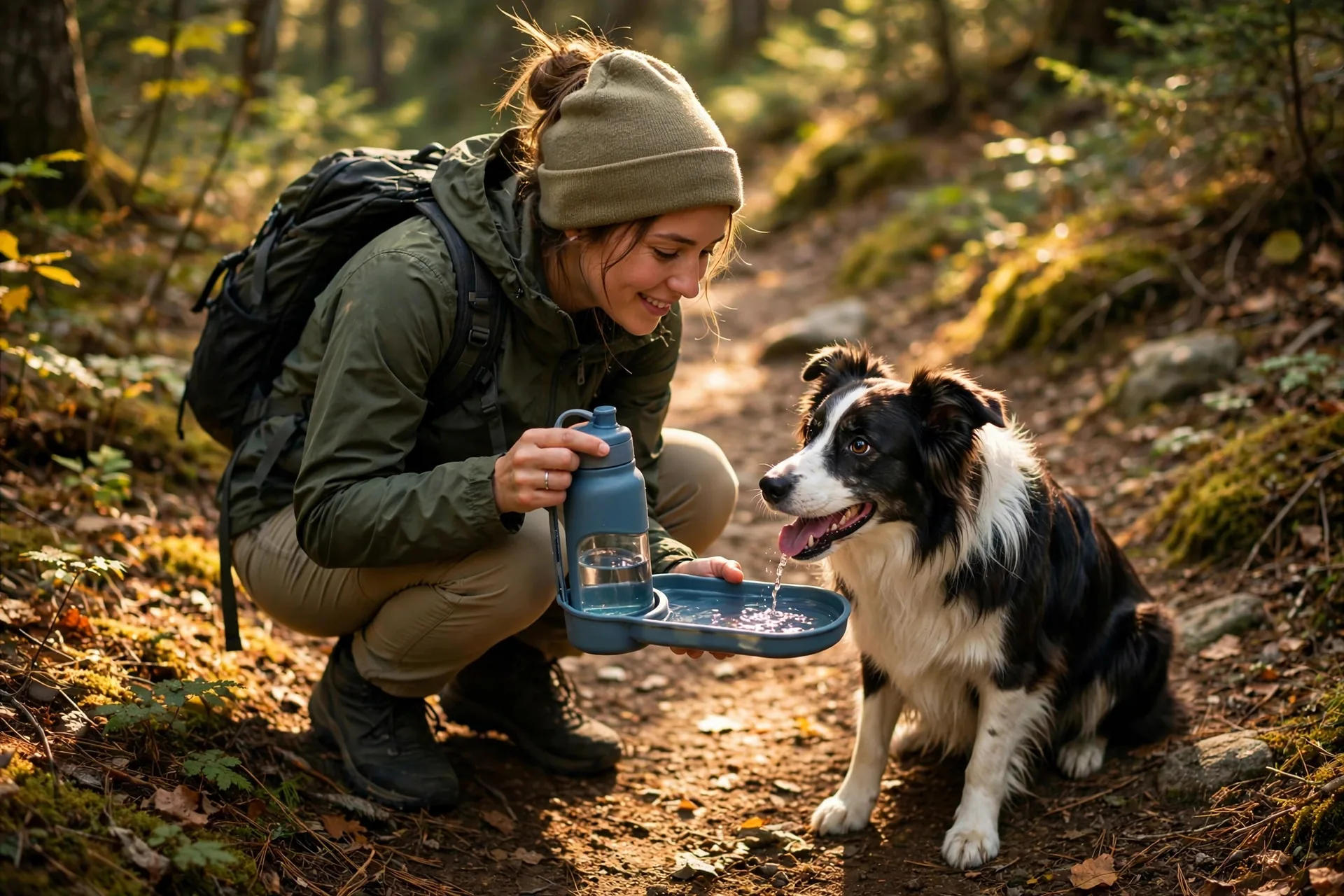 Person offering water to a thirsty dog from a travel bottle on a forest trail
