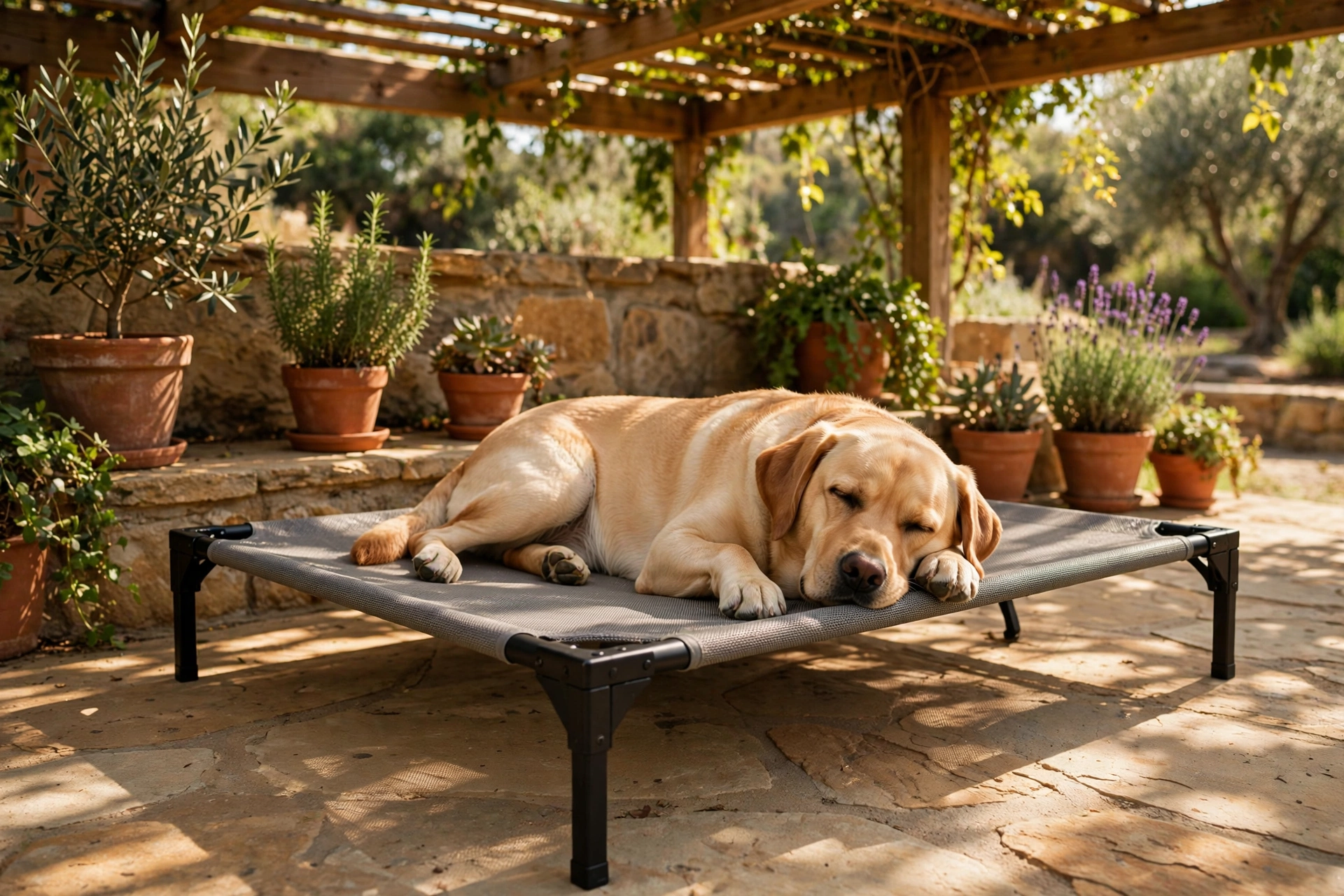 Golden labrador resting on an elevated mesh cot dog bed on a sunny patio