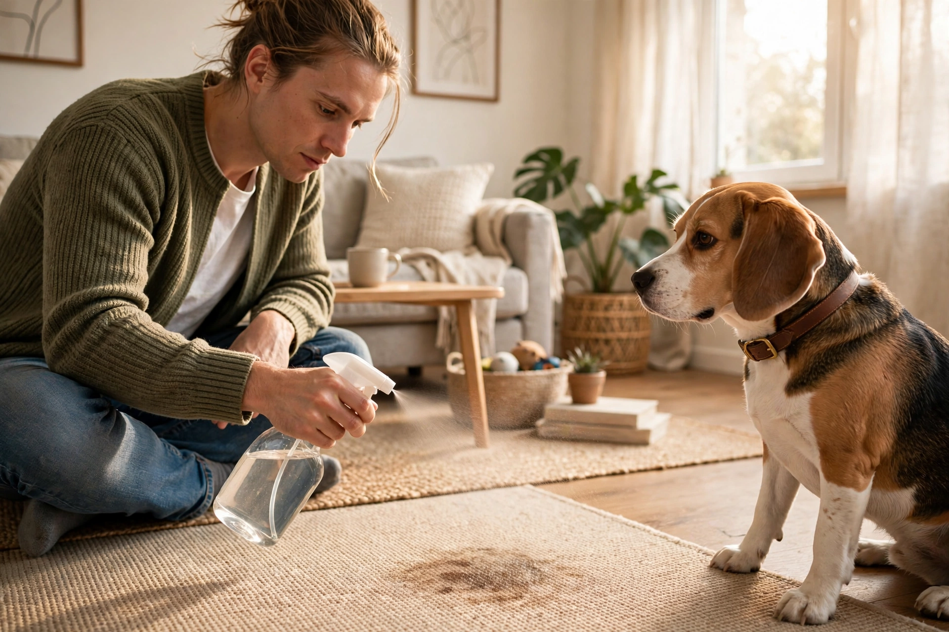Person spraying enzymatic cleaner on a carpet stain while a beagle watches