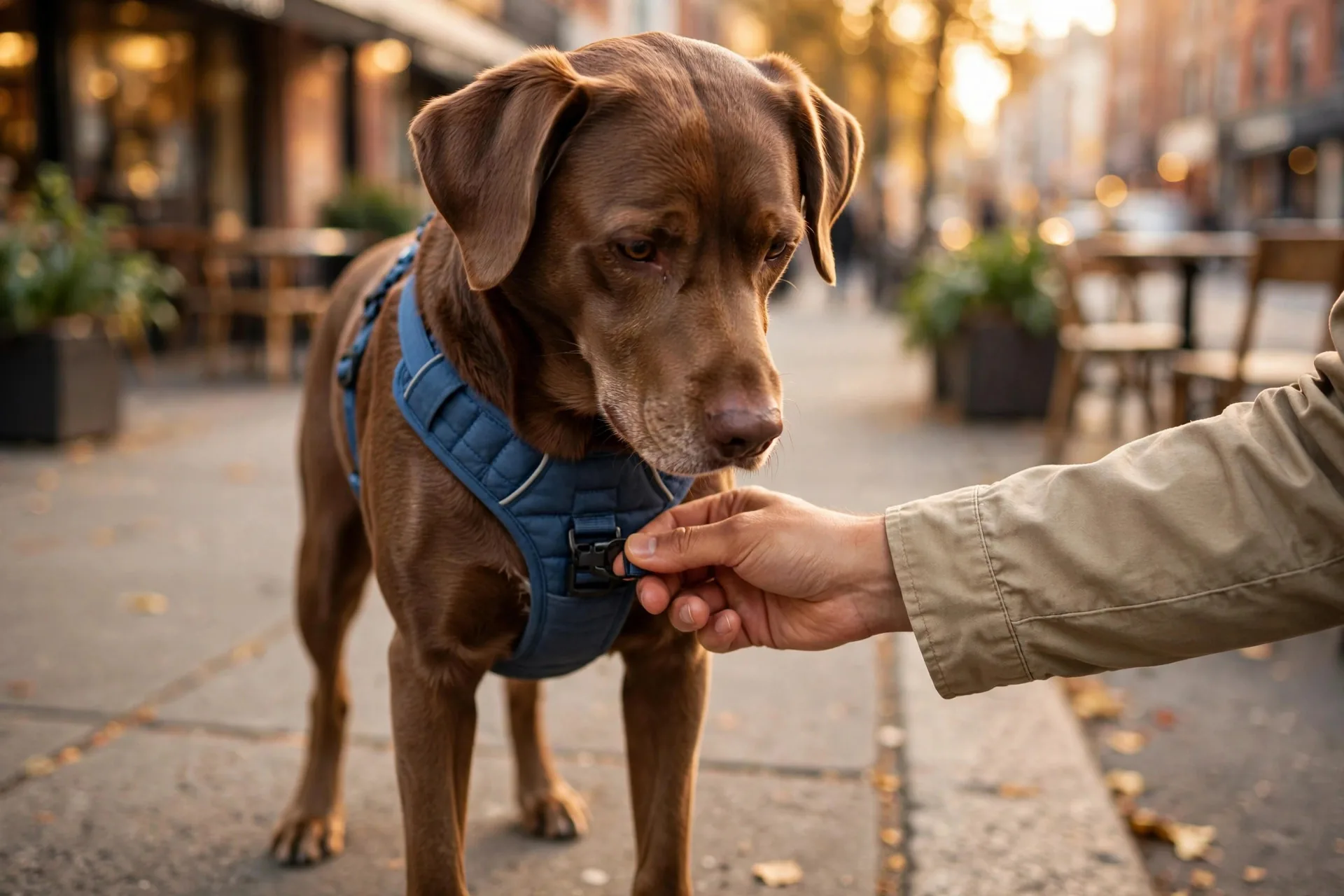 Dog wearing a padded harness on a sidewalk, owner adjusting the front chest strap