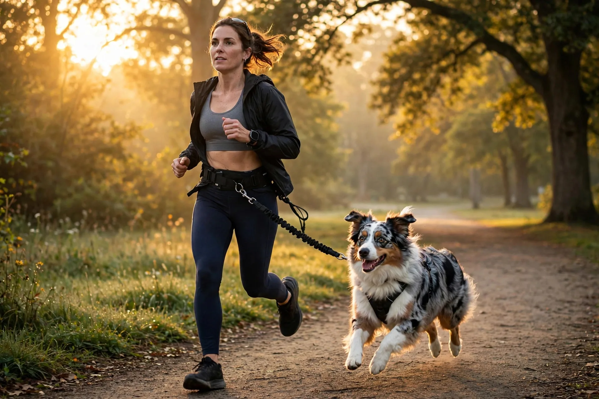Runner with a dog on a waist-attached bungee leash on a park path at sunrise