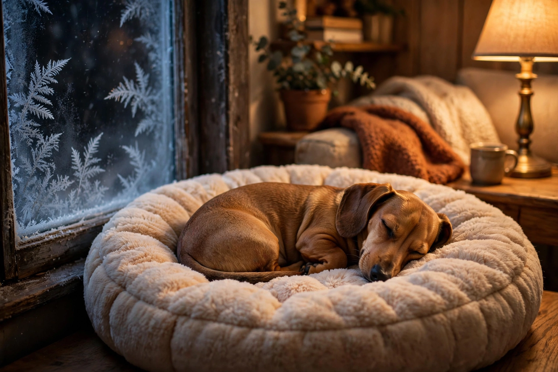 Dachshund curled up asleep on a plush heated dog bed beside a frost-covered window at night