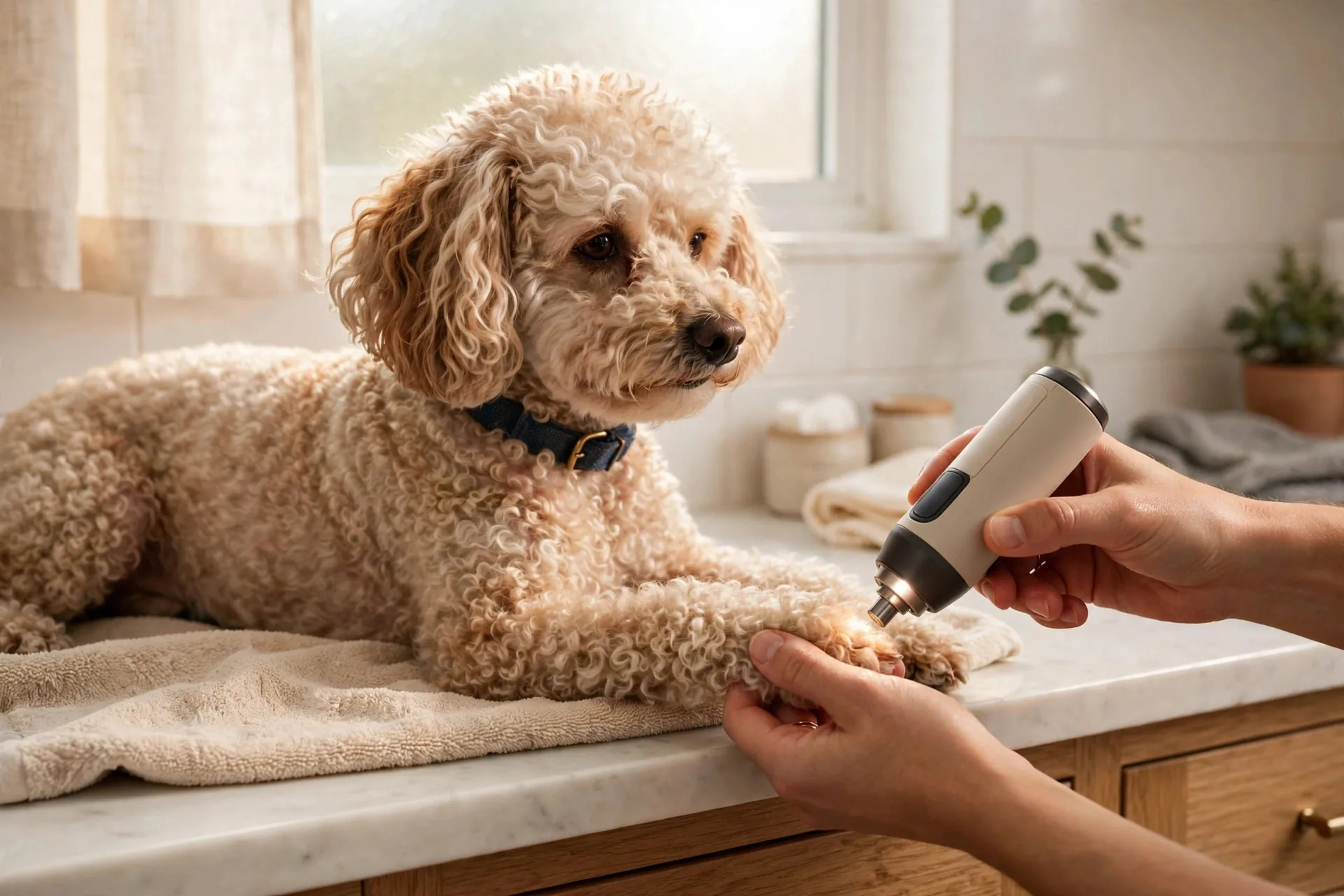 Small dog having a nail gently filed with a quiet nail grinder