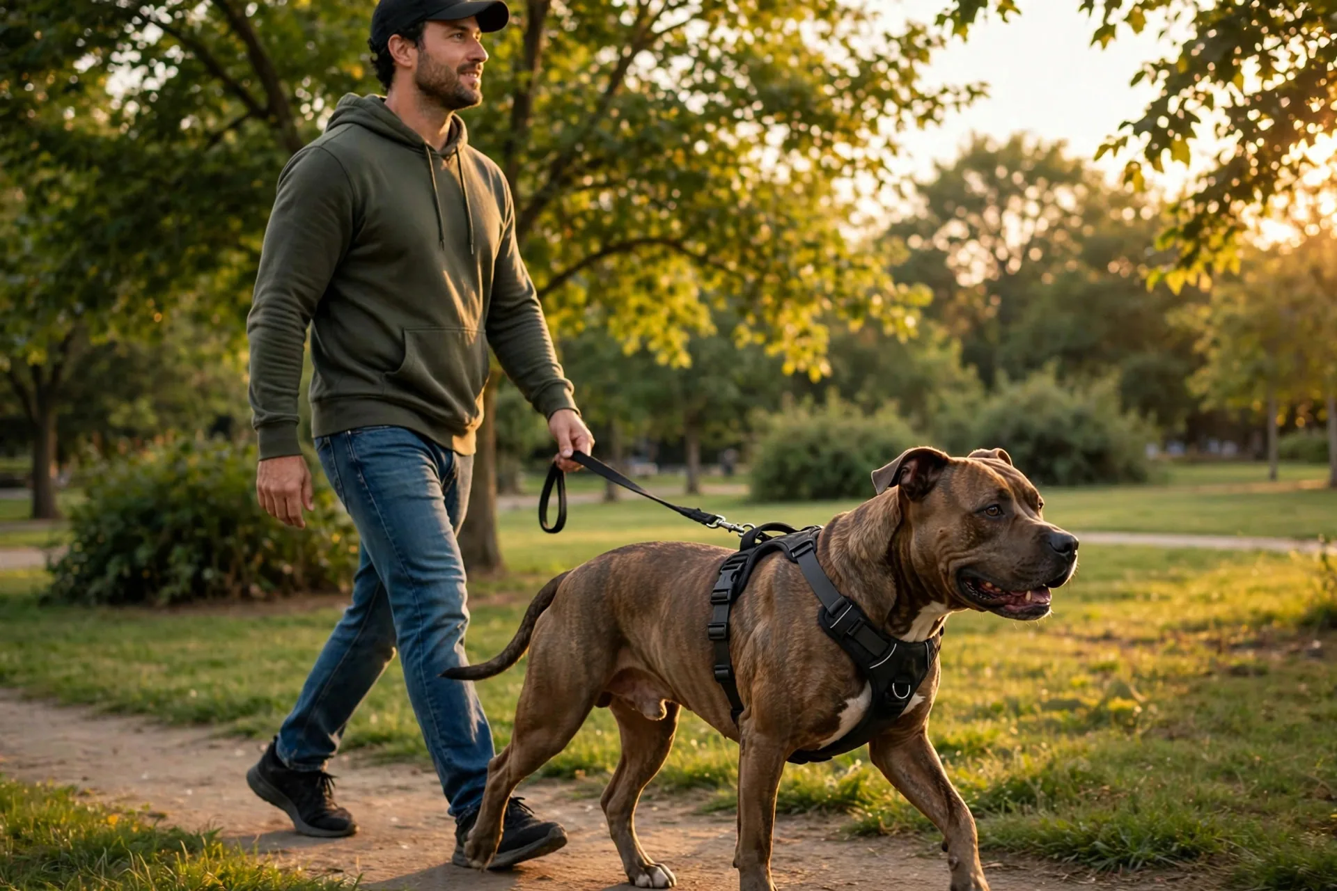 Strong pit bull mix walking calmly on a front-clip no-pull harness in a park