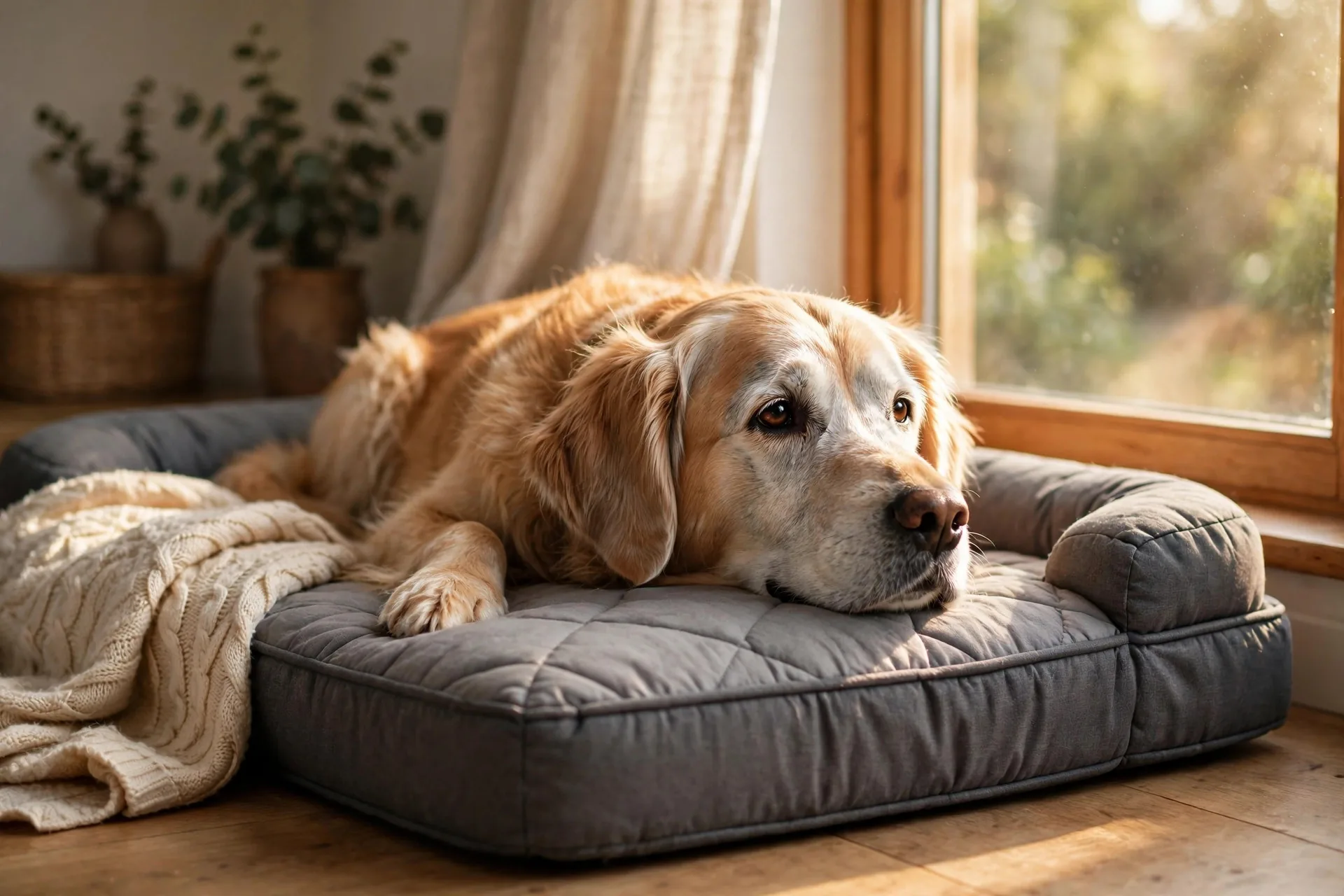 Senior golden retriever resting on an orthopedic memory foam bed by a warm window