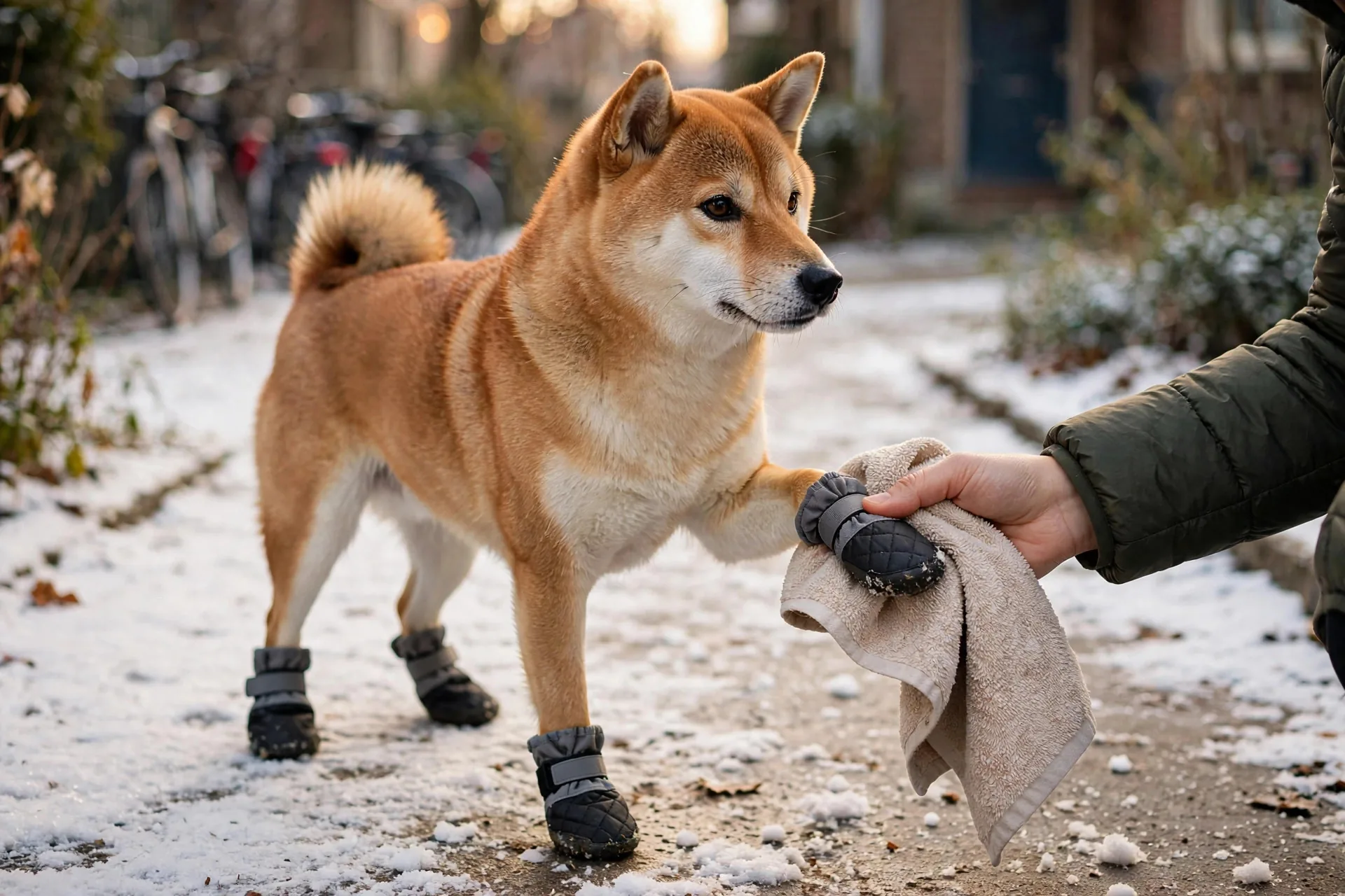 Dog wearing winter booties standing in light snow on a sidewalk