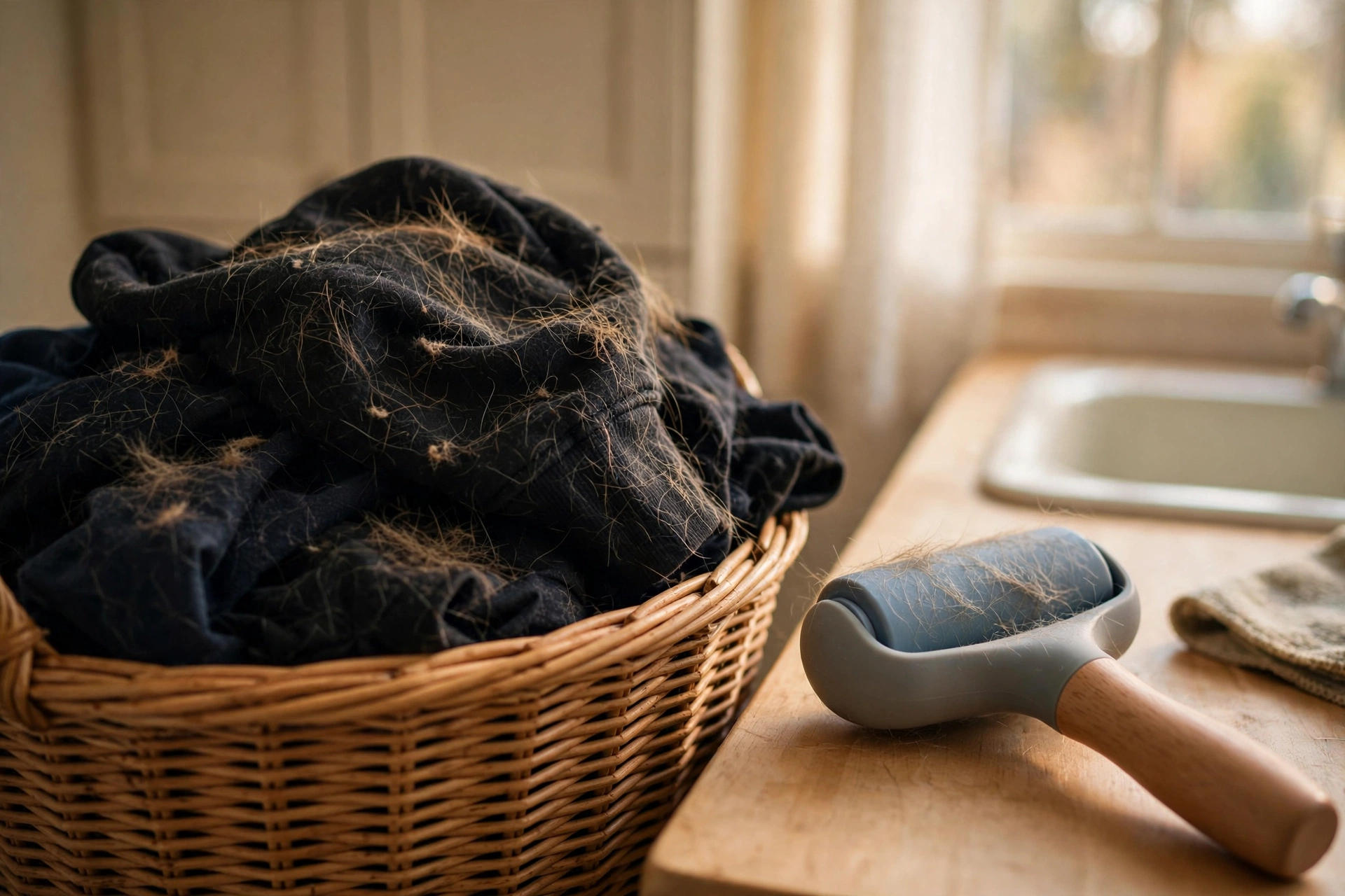 Laundry basket of dark clothes beside a reusable pet hair remover roller in a laundry room