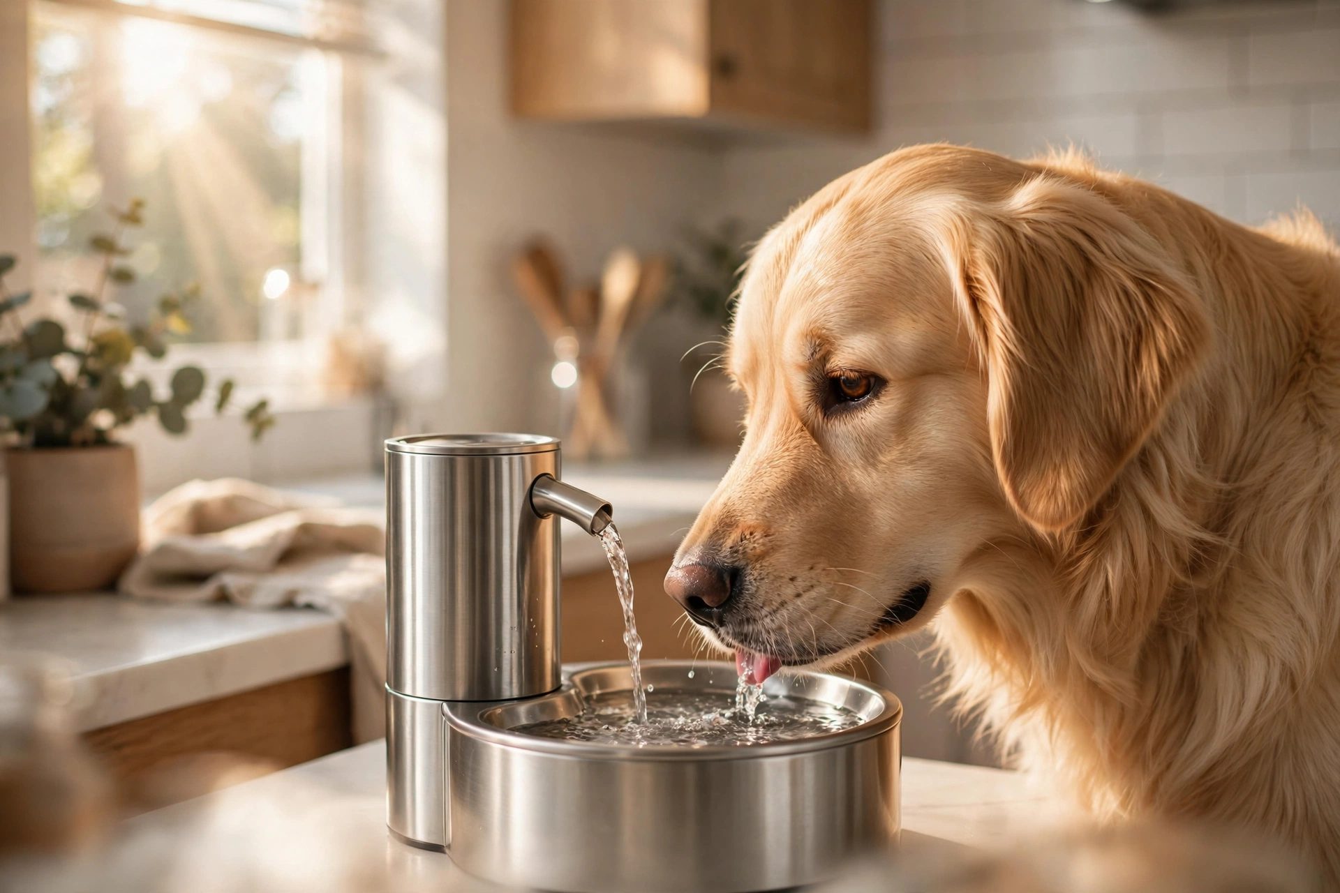 Golden retriever drinking from a stainless steel pet water fountain in a bright kitchen