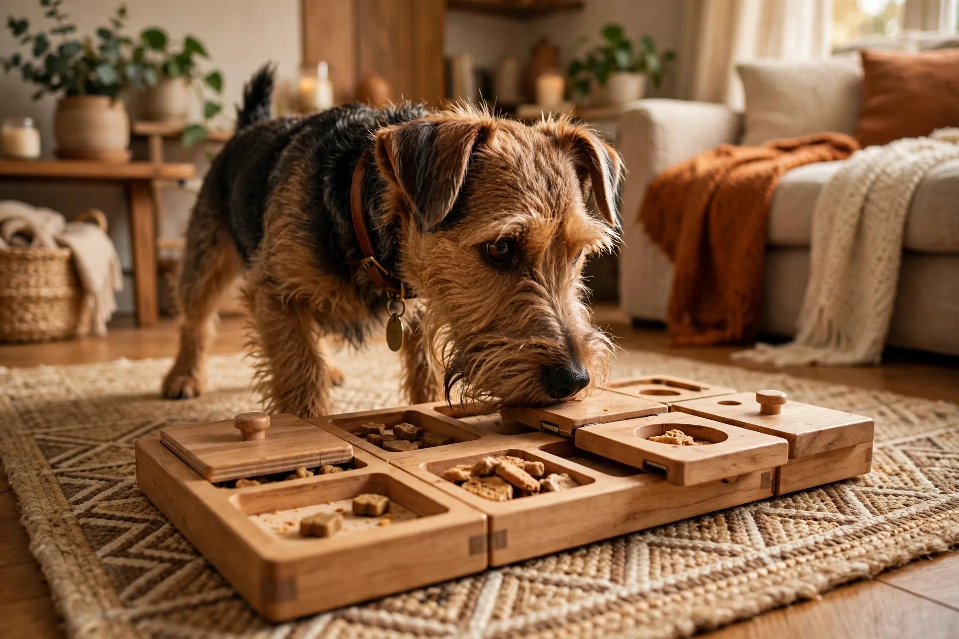 Dog nudging a sliding-panel puzzle toy with its nose on a living room floor