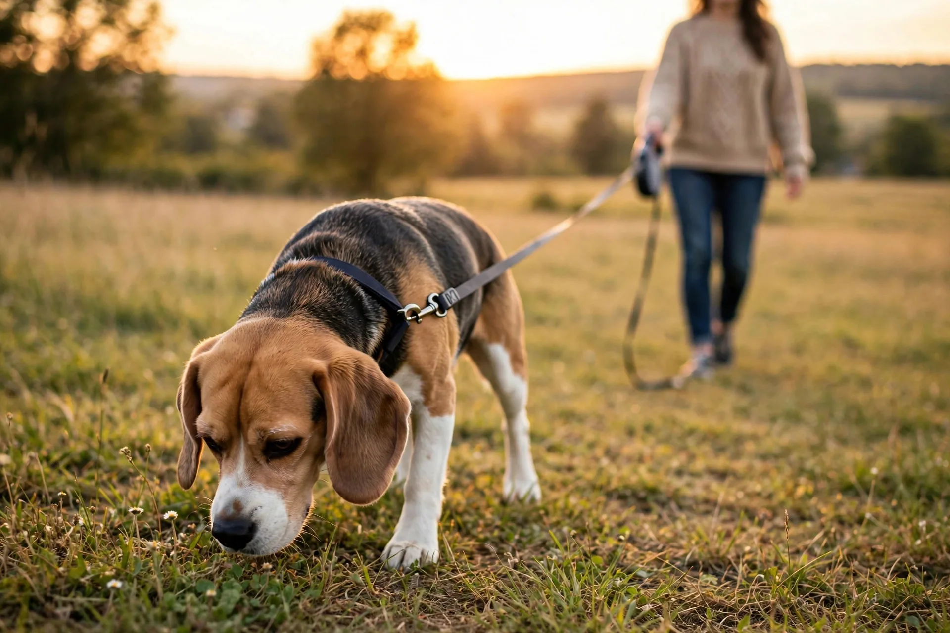 Dog sniffing freely at the end of a retractable leash on an open grassy field