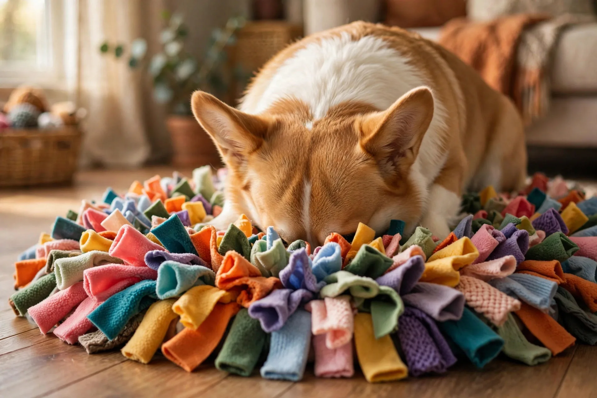 Dog sniffing intently through the fabric strips of a colorful snuffle mat