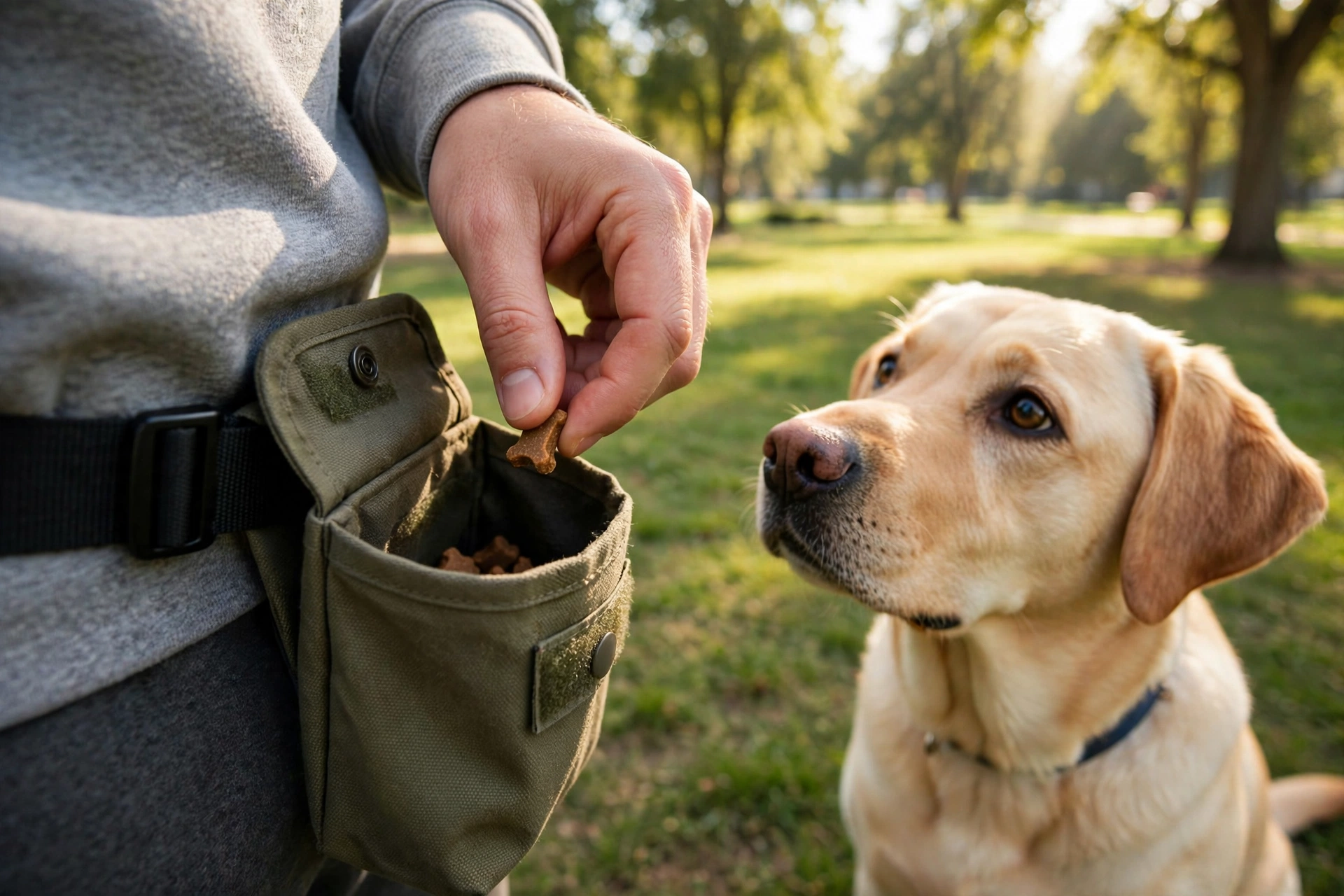 Trainer's hand pulling a treat from a waist pouch in front of an attentive labrador