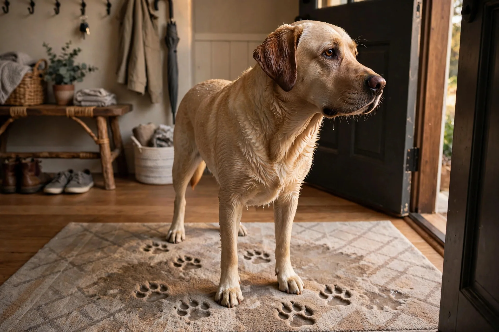 Wet dog standing on a washable rug inside a front door, paw prints on the mat