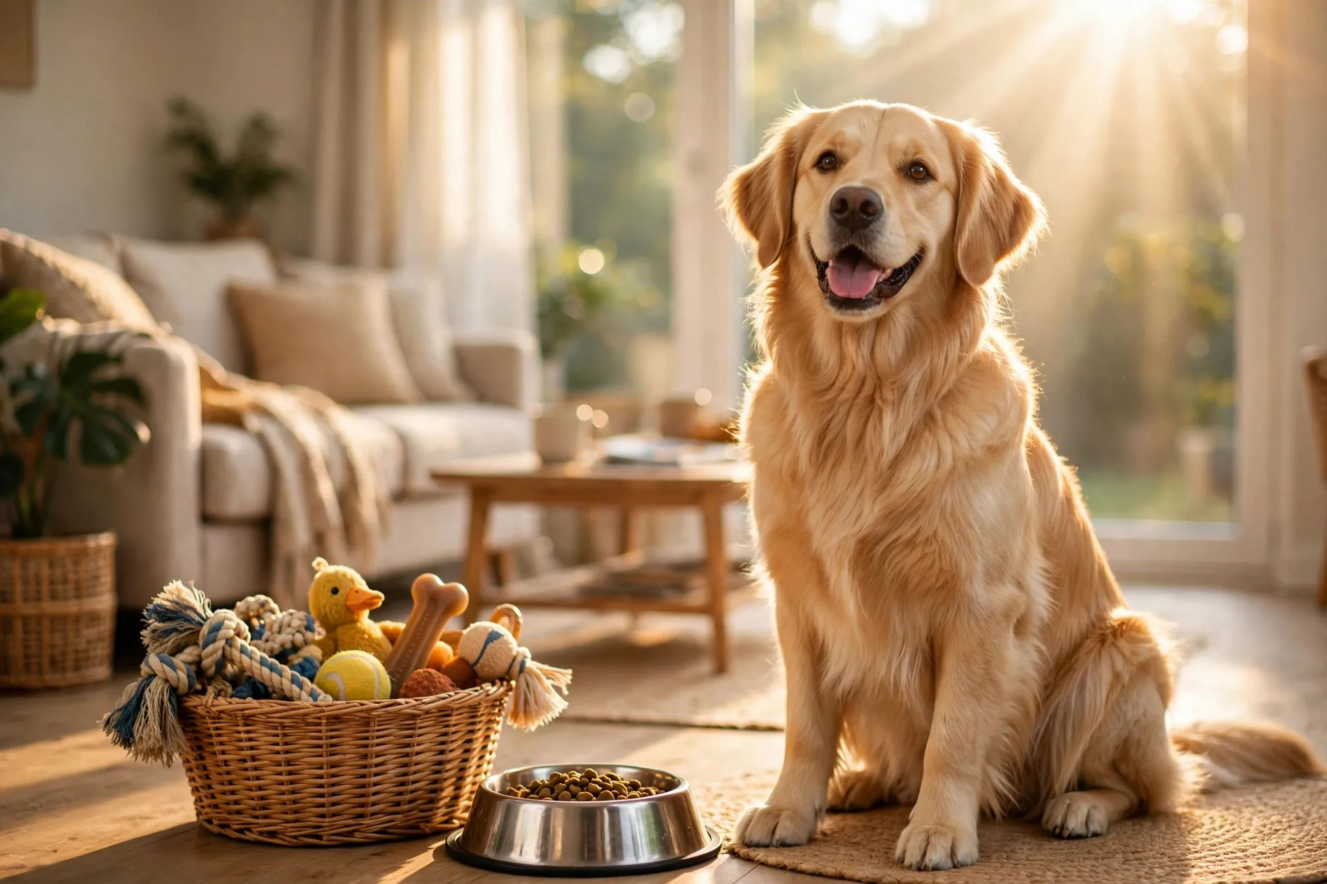 Happy golden retriever sitting in a bright living room next to its food bowl and a basket of toys