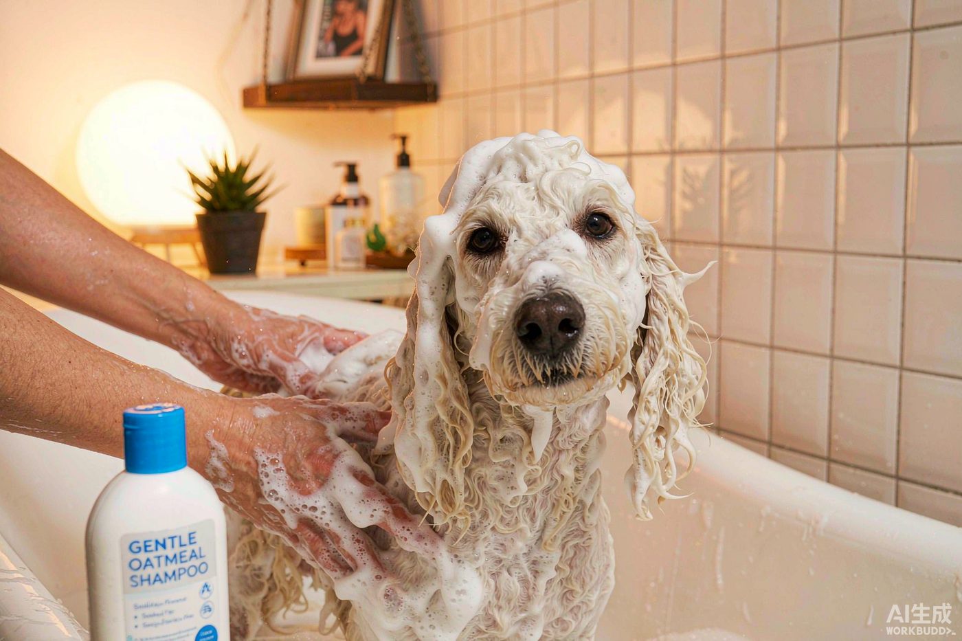 A white dog being bathed in a bathtub with oatmeal shampoo lather, the owner's hands gently massaging the dog's back