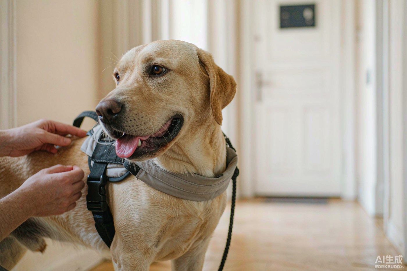 A dog wearing a padded front-clip harness standing calmly on a sidewalk while its owner adjusts the shoulder strap