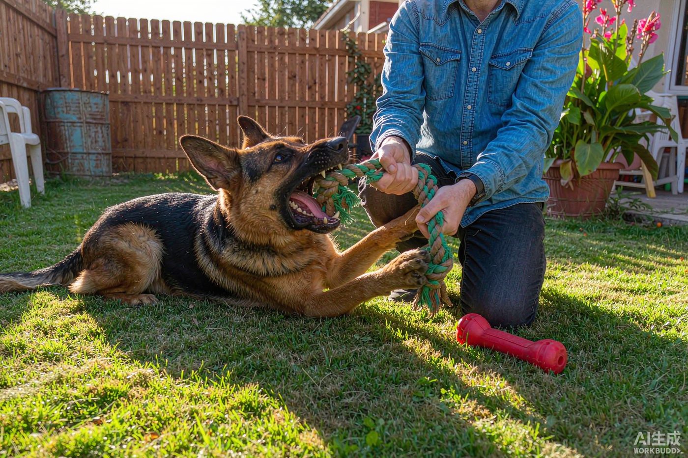 A dog on a rug holding a natural rubber chew toy in its paws, a knotted rope toy lying on the floor nearby