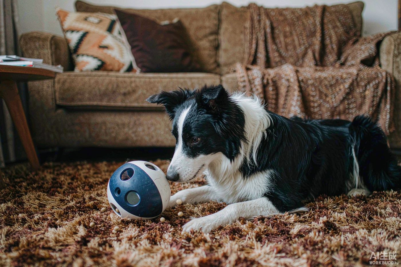 A border collie lying on a living room rug intensely working a rolling treat ball with its paw, kibble pieces falling out