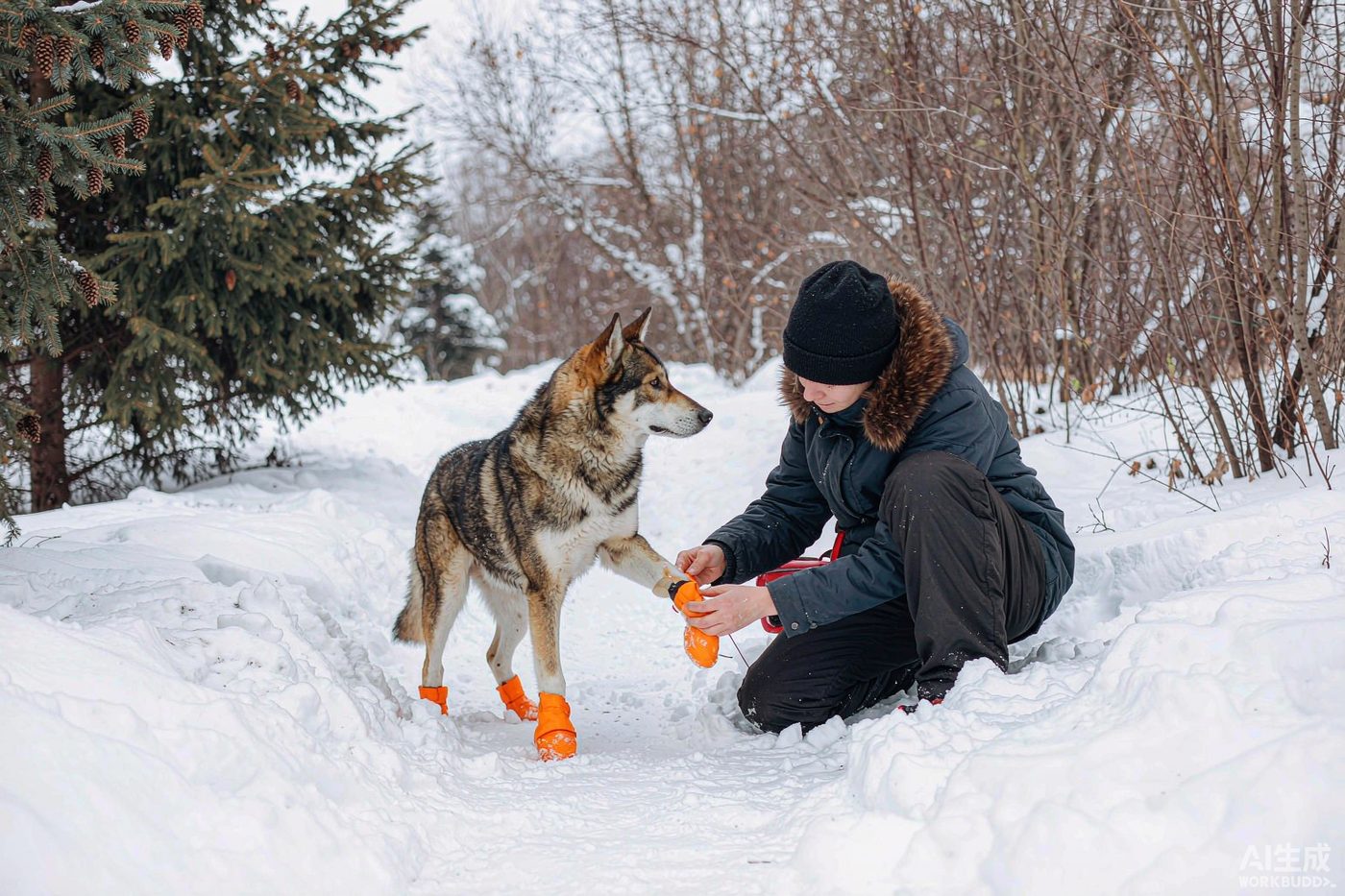 A dog wearing winter dog booties standing in light snow on a sidewalk while its owner wipes another paw with a towel